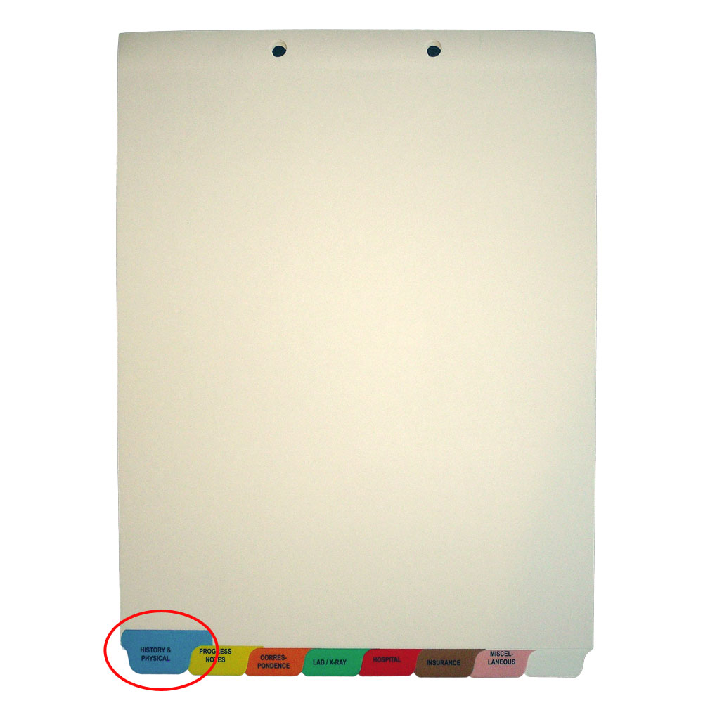 Individual Chart Divider Tabs, History & Physical, Blue, Bottom Tab, 1/8th Cut, Pos. #1 (Pack of 25)