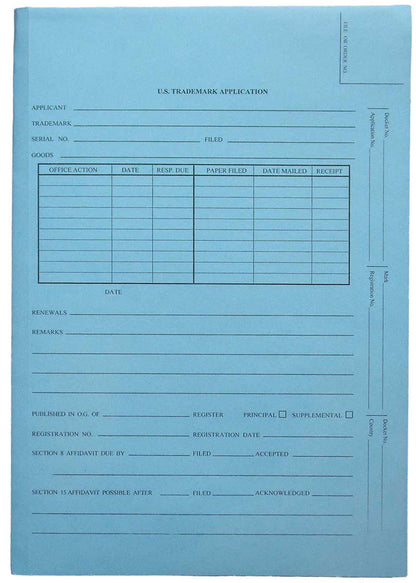 Patent and Trademark Folder, No Tab for Drawer Filing, Blue - "U.S. TRADEMARK APPLICATION" (Box of 25) - Nationwide Filing Supplies