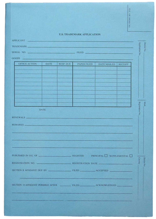 Patent and Trademark Folder, No Tab for Drawer Filing, Blue - "U.S. TRADEMARK APPLICATION" (Box of 25) - Nationwide Filing Supplies