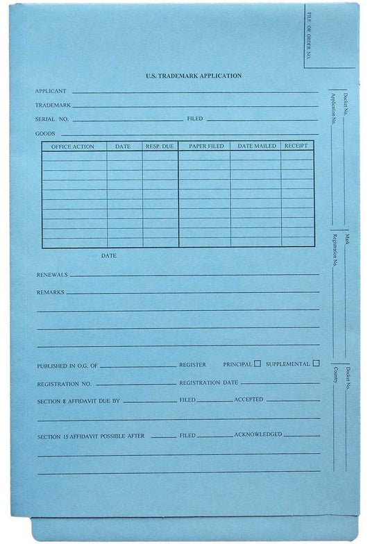 Patent and Trademark Folder, End Tab for Shelf Filing, Blue - "U.S. TRADEMARK APPLICATION" (box of 25) - Nationwide Filing Supplies