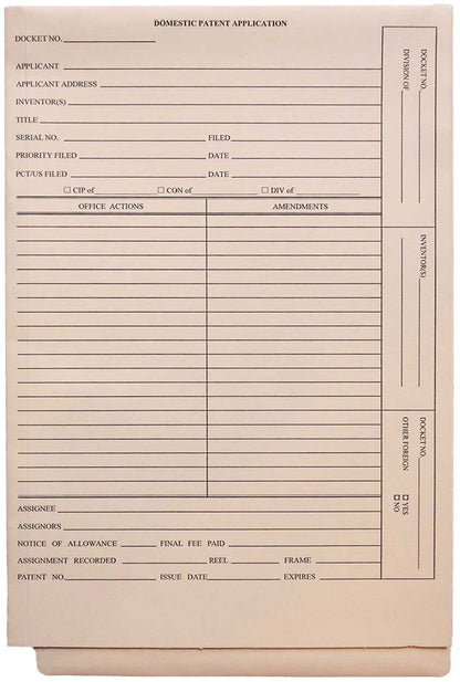 Patent and Trademark Folder, End Tab for Shelf Filing, Manila - "DOMESTIC PATENT APPLICATION" (Box of 25) - Nationwide Filing Supplies