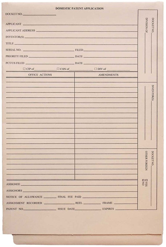 Patent and Trademark Folder, End Tab for Shelf Filing, Manila - "DOMESTIC PATENT APPLICATION" (Box of 25) - Nationwide Filing Supplies