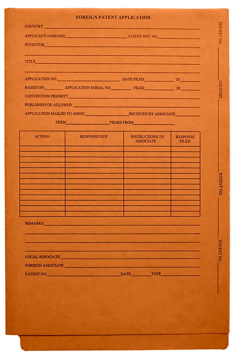 Patent and Trademark Folder, End Tab for Shelf Filing, Orange - "FOREIGN PATENT APPLICATION" (Box of 25)