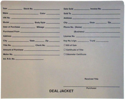 Pre-Printed Auto Dealer Vehicle Deal Jackets, 11-3/4" x 9-1/2" (Box of 100)
