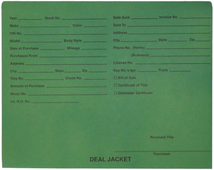 Pre-Printed Auto Dealer Vehicle Deal Jackets, 11-3/4" x 9-1/2" (Box of 100)