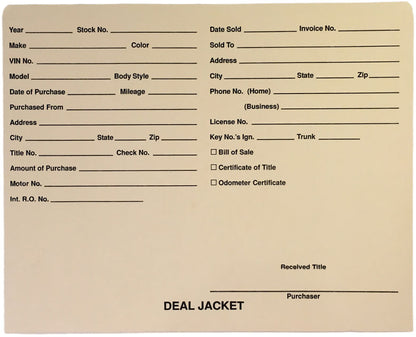 Pre-Printed Auto Dealer Vehicle Deal Jackets, 11-3/4" x 9-1/2" (Box of 100)