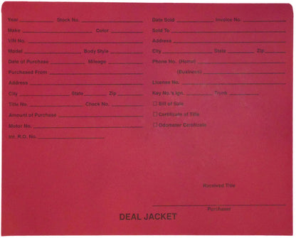 Pre-Printed Auto Dealer Vehicle Deal Jackets, 11-3/4" x 9-1/2" (Box of 100)