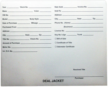 Pre-Printed Auto Dealer Vehicle Deal Jackets, 11-3/4" x 9-1/2" (Box of 100)