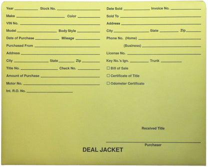 Pre-Printed Auto Dealer Vehicle Deal Jackets, 11-3/4" x 9-1/2" (Box of 100)