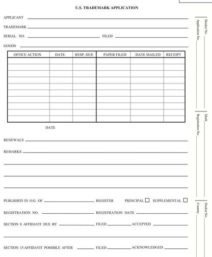 Patent and Trademark Folder, End Tab for Shelf Filing, Blue - "U.S. TRADEMARK APPLICATION" (box of 25)